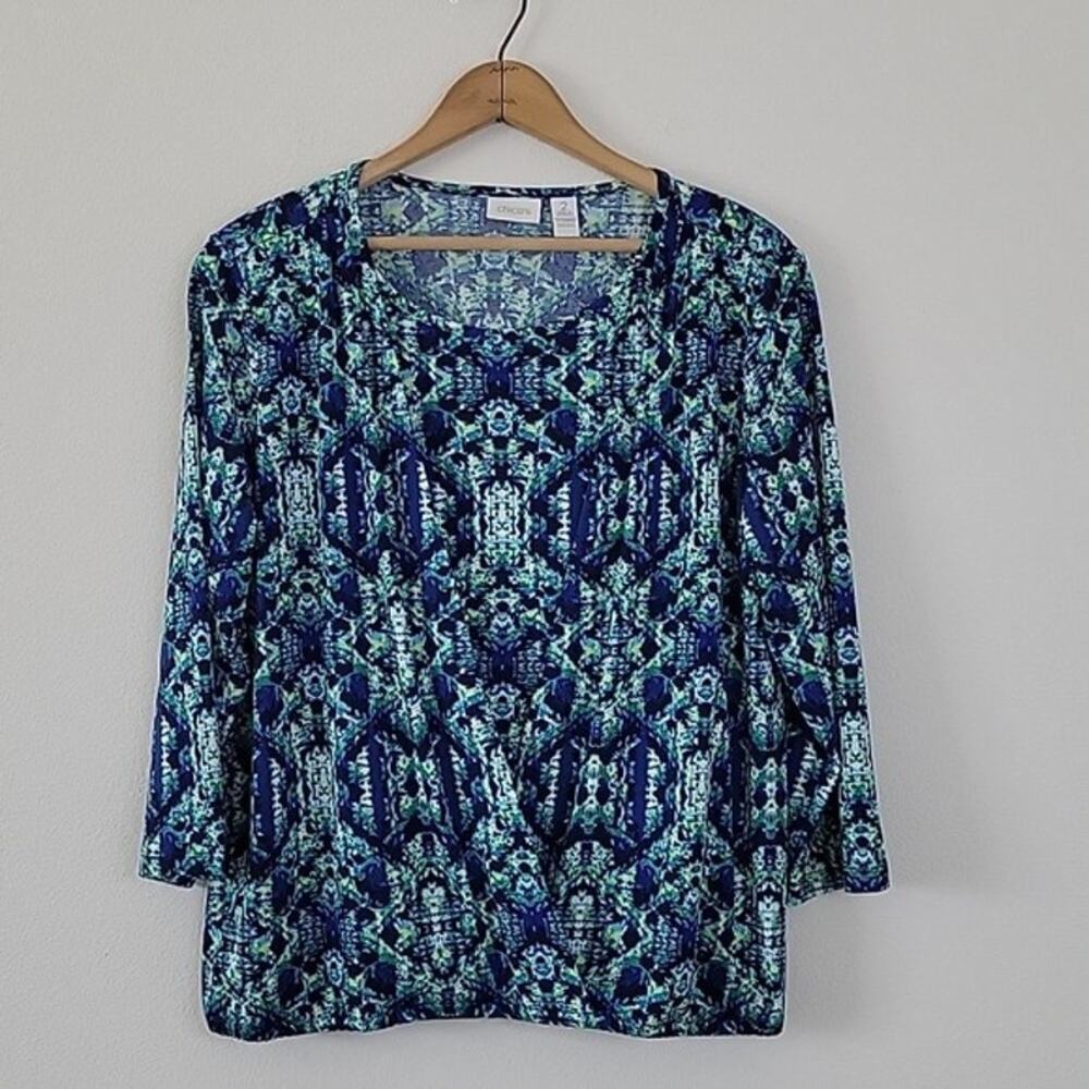 Chico's‎ Blue Green 3/4 Sleeve Crossover Layered Front Blouse Size Large